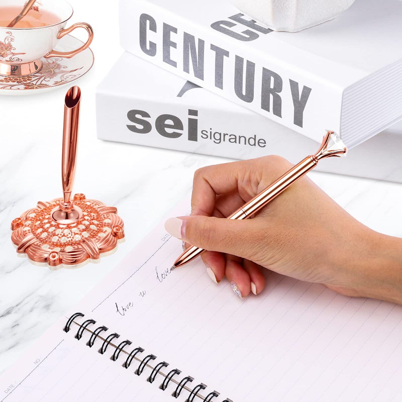 RUTICH Hollow Round Pen Holder Signing Pen Set with Big Diamond Crystal Pen for Wedding Bridal Opening Ceremony Graduation Office, Rose Gold(Black Ink) - Image 4